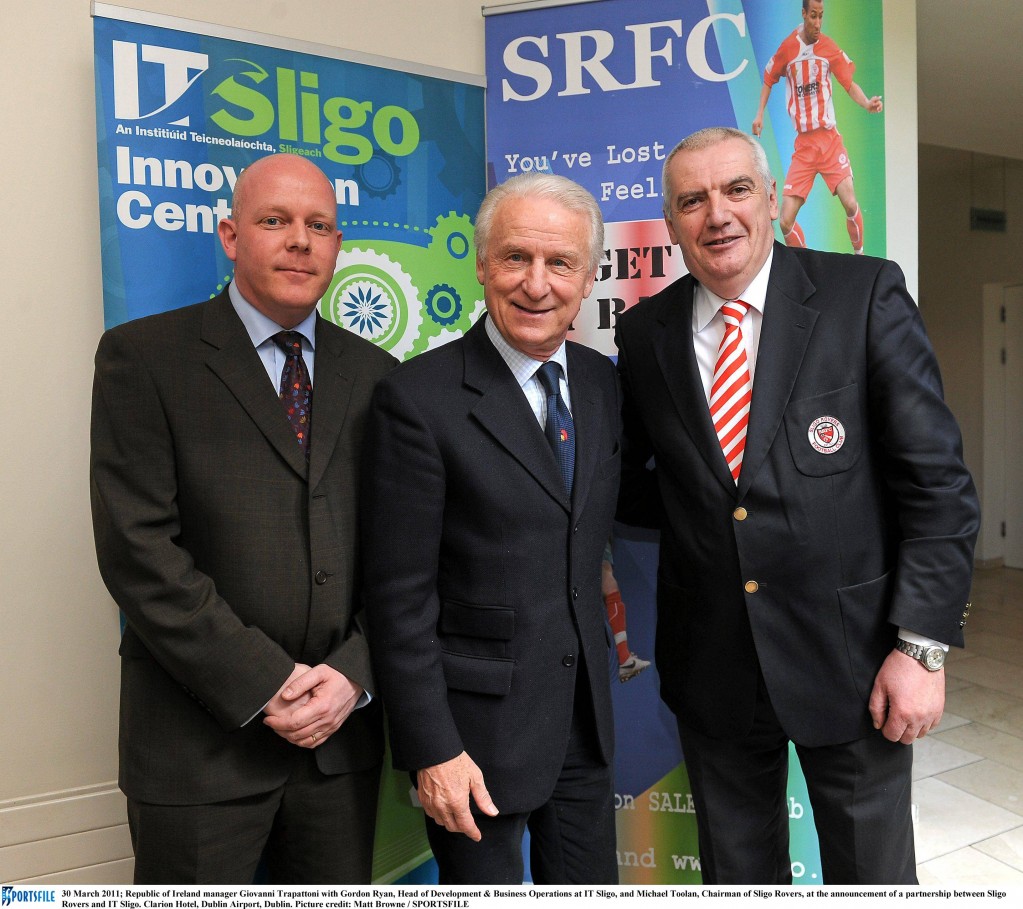 Republic of Ireland manager Giovanni Trapattoni with Gordon Ryan, Head of Development & Business Operations at IT Sligo, and Michael Toolan, Chairman of Sligo Rovers.