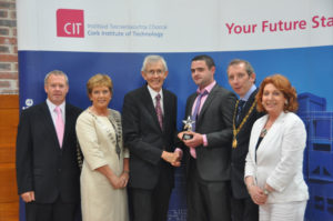 Adrian Flaherty being presented with 1st place in the 2012 Ireland Skills Joinery final, pictured from left: IT Sligo Lecturer & Ireland Skills Joinery Chief Expert John Joe O Reilly, Barbara Murray Mayor of Cork County, President of CIT Dr. Brendan J. Murphy, Winner Adrian Flaherty from Kinnity, Offaly, John Buttimer, Lord Mayor of Cork City and Minister of State, Department of Health and Department of Justice, Equality & Defence Kathleen Lynch TD .