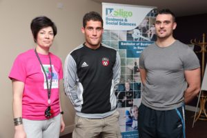 Student Tomás Madden from Mayo (centre) who came 1st in the Individual Category pictured with IT Sligo lecturer Paula Roddy and Mark Lewis, of The Clarion Hotel.  