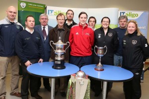 IT Sligo will host the annual Women's Soccer Colleges Association of Ireland's (WSCAI) Intervarsities Tournament on February 7th, 8th and 9th. The Tournament is the most prestigious event in Women College Soccer and this will be the first time IT Sligo has hosted the event since it began in 1983. Pictured here from left to right are Adrian Forkan, Sales Representative for Umbro; Ross Lappin, IT Sligo Sport Development Officer; Joe Cox, Chairman of Scholarship Committee at IT Sligo; Francis O'Regan, former IT Sligo team manager; Gerard Dunne, FAI National Schools and Colleges Coordinator; Roisin McCafferty, Team Captain; Cillain O'Murchú, lecturer and IT Sligo team manager; Emma Martin, FAI Women's Programme Assistant; Neil O'Donnell from DCU and Emma Mullin, IT Sligo/FAI Football Facilitator