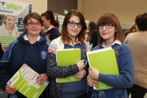 Aoife O'Reilly, Allanah Granaghan and Shamone Reed, Magh Ene College, Bundoran, Co. Donegal, at the STEM Subject Showcase in IT Sligo as part of Enterprise & Innovation Week.