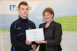 Liam Codd receives his Sport Scholarship Award from President of IT Sligo, Professor Terri Scott.