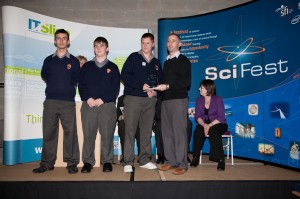 Nathan Cook, Kelvin Connell and Francis McElroy pictured fromCastlerea Community School, Castlerea, Co Roscommon with Ross McManus from Abbott. Nathan, Kelvin and Francis won the Abbott Best Runner Up award at SciFest2013@ITSligo with their project 'The study of granular materials'.