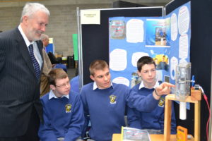 Anthony Foley, Ben Owens and Daniel Fay from Breifne College, Cavan who won 1st Prize in the Intermediate Technology category demonstrating their project ‘The Waste Water Electricity Generator’ to Bill Crowe, SciFest coordinator at IT Sligo.