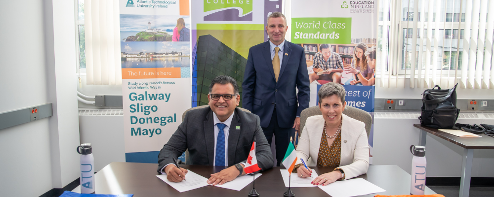 At the signed of the ATU MOU signings in Vancouver Community College (VCC) was L to R: President Ajay Patel, Minister Niall Collins, President Dr Orla Flynn.