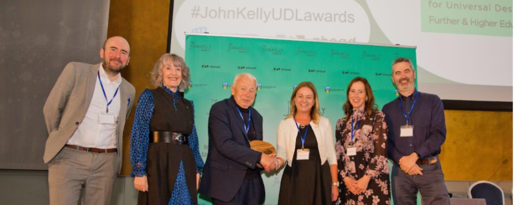 ATU's Niamh Plunkett and Maureen Haran accepting the UDL Excellence in Collaboration Award with John Kelly, Mark Glynn, Anna Kelly and Dara Ryder.